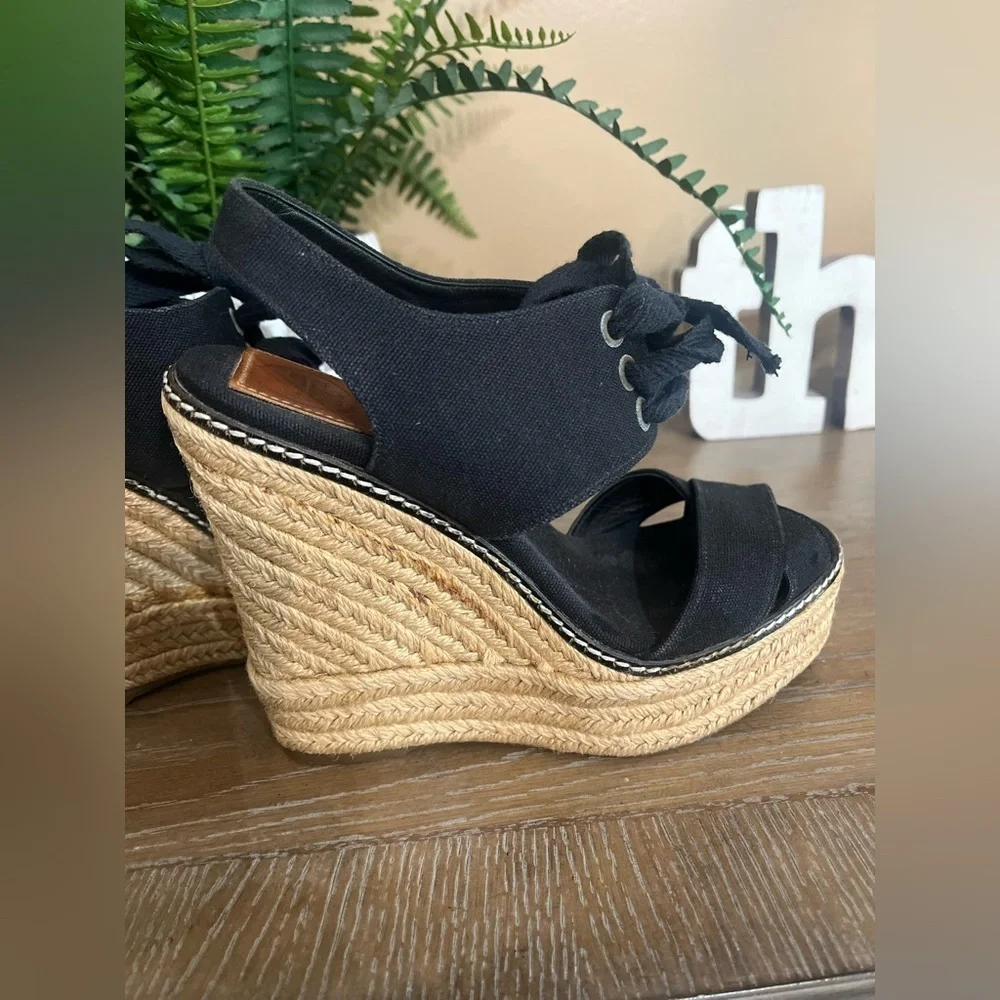 TORY BURCH Black Lace Up Canvas Espadrille Wedges Sandals Size 5